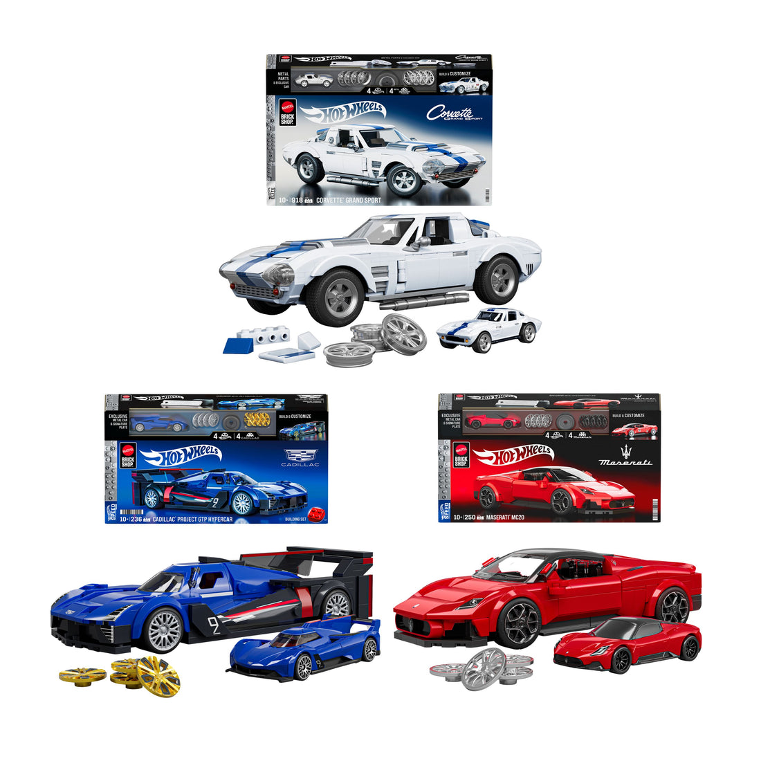 Bundle: Brick Shop Maserati, Cadillac & Corvette Hot Wheels Building Set Trio