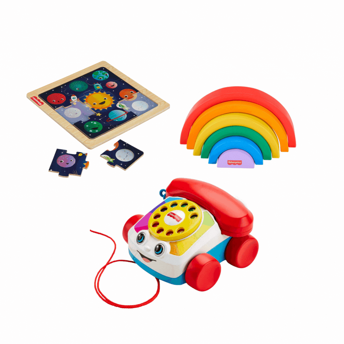 Bundle: Fisher-Price Chatter Telephone + Wooden Rainbow + Wooden Puzzle
