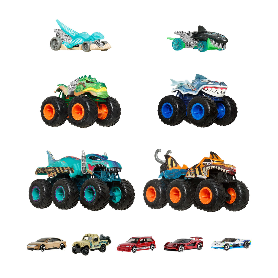 Bundle: Hot Wheels Monster Trucks Sharks vs Dinos Multipack + 5 Assorted Vehicles