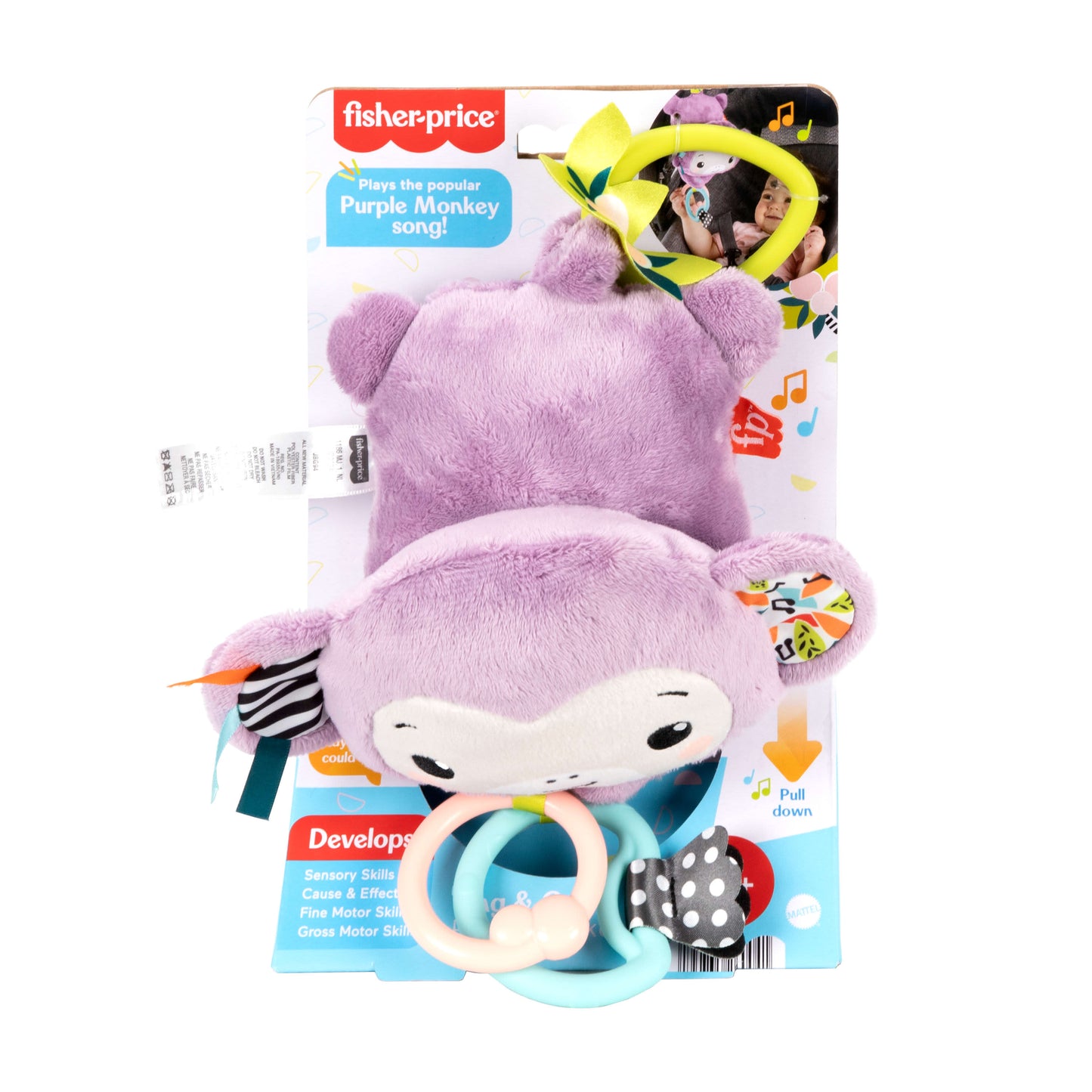Fisher-Price Sing & Go Purple Monkey Plush Baby Stroller Sensory Toy for Newborns