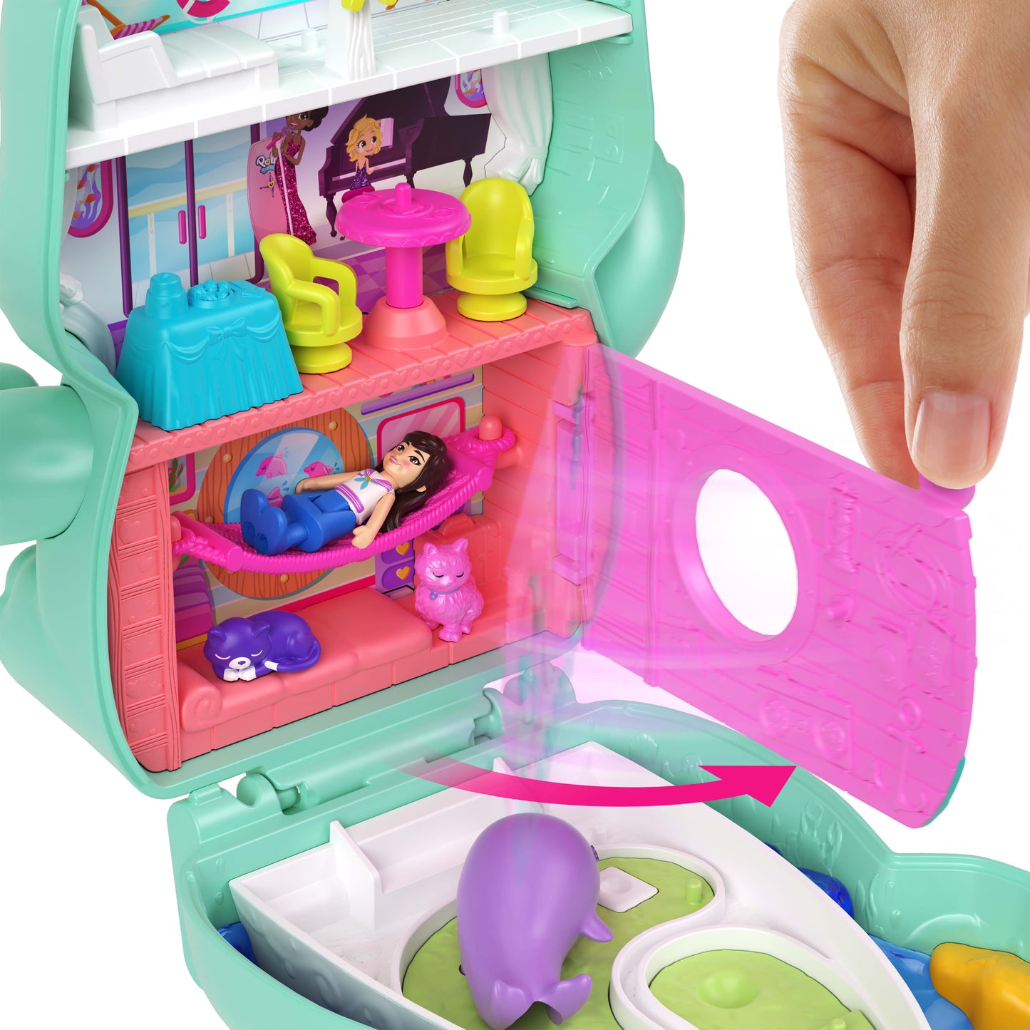 Polly Pocket Set Sail Kitty Compact Playset with 1 Micro Doll and Pet Cats, Travel Toy with Food & Styling Accessories