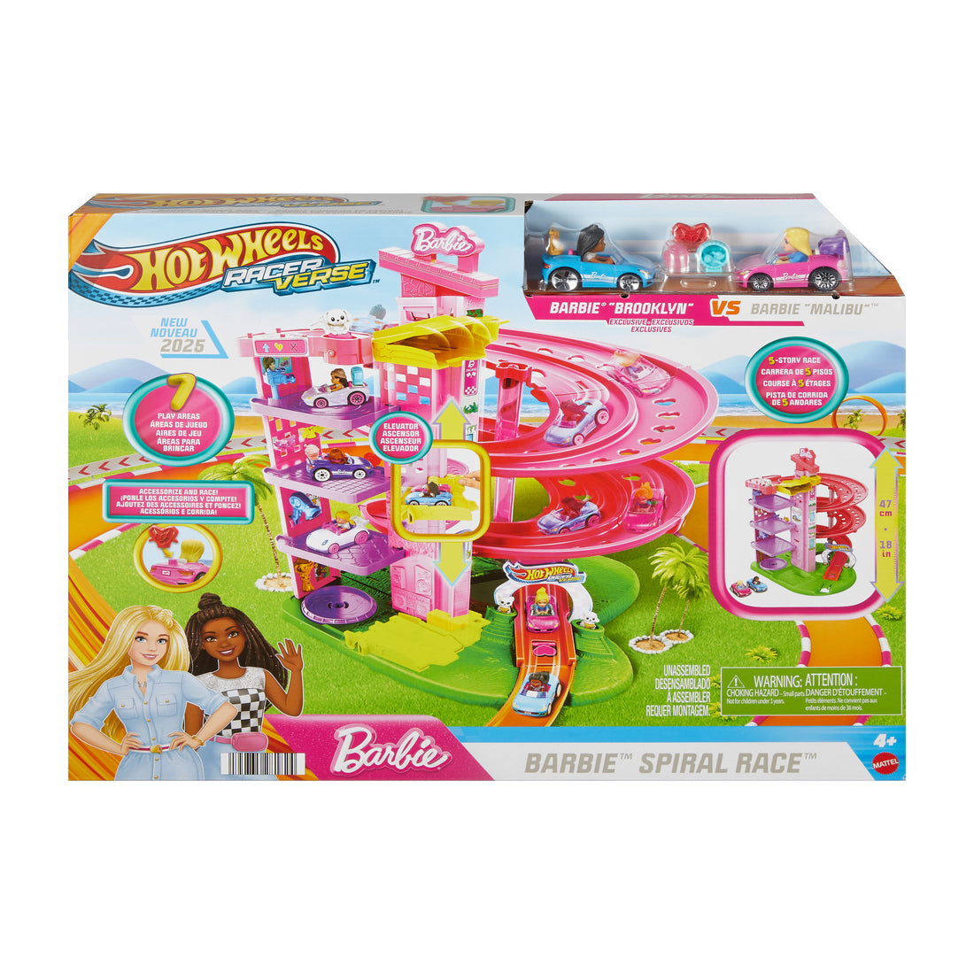 Bundle: Hot Wheels RacerVerse Barbie Spiral Race Track + 2 Assorted 1:64 Scale Vehicle