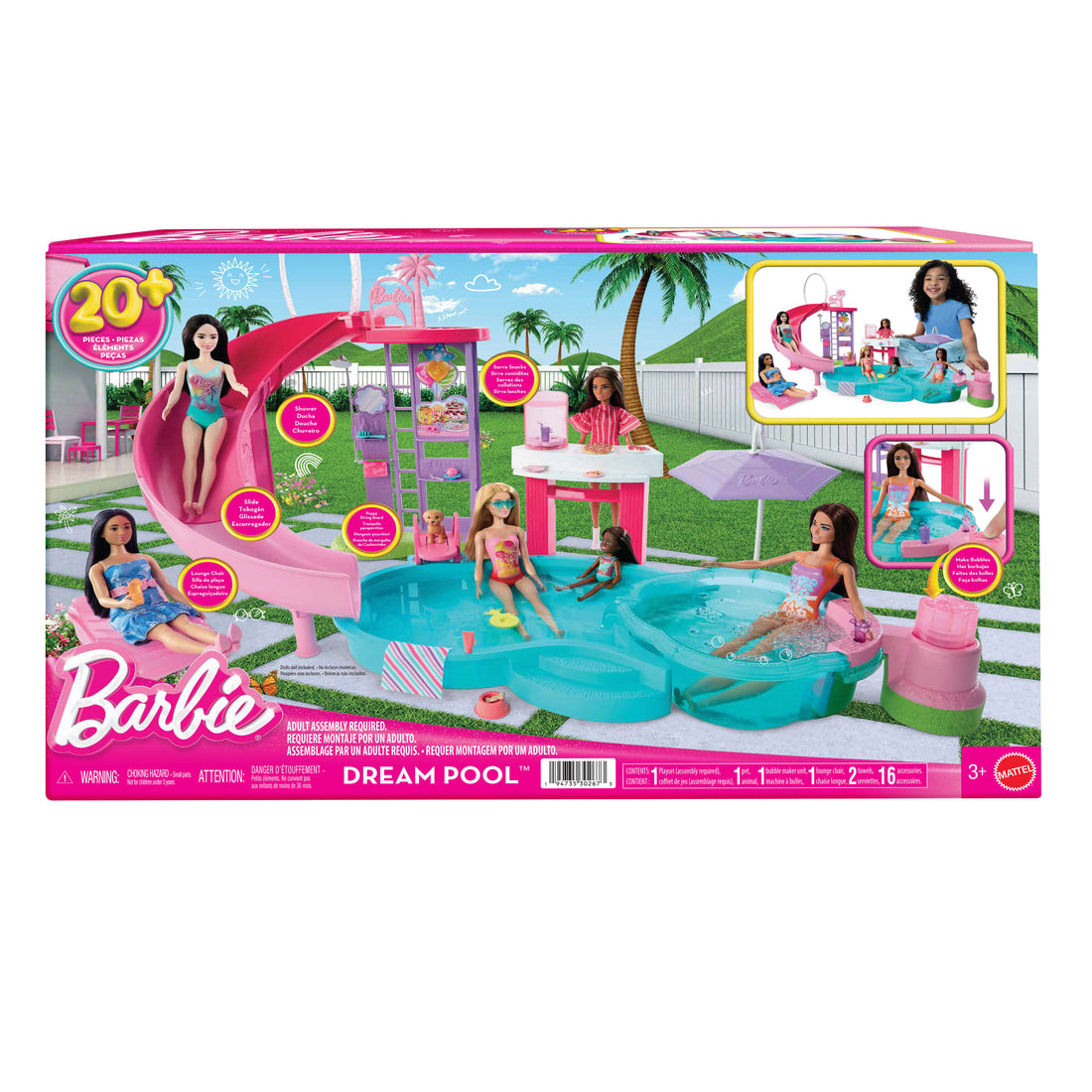 Barbie Dream Pool Playset with Slide & Bubbling Hot Tub