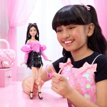 Barbie Deluxe Style Doll #13 in Pink Barbiecore Top With Glossy Mini Skirt And Black Hair