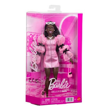 Barbie Deluxe Style Doll #14 in Metallic Pink Barbiecore Dress With Puffed Sleeves And Brown Hair