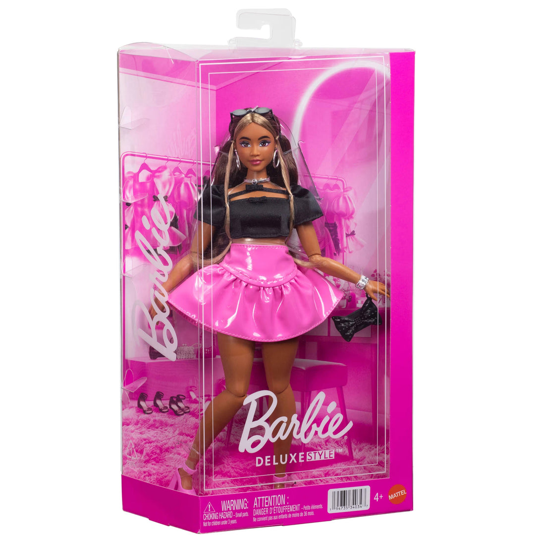 Barbie Deluxe Style Doll #16 in Glossy Pink Barbiecore Skirt With Black Top And Brown Hair