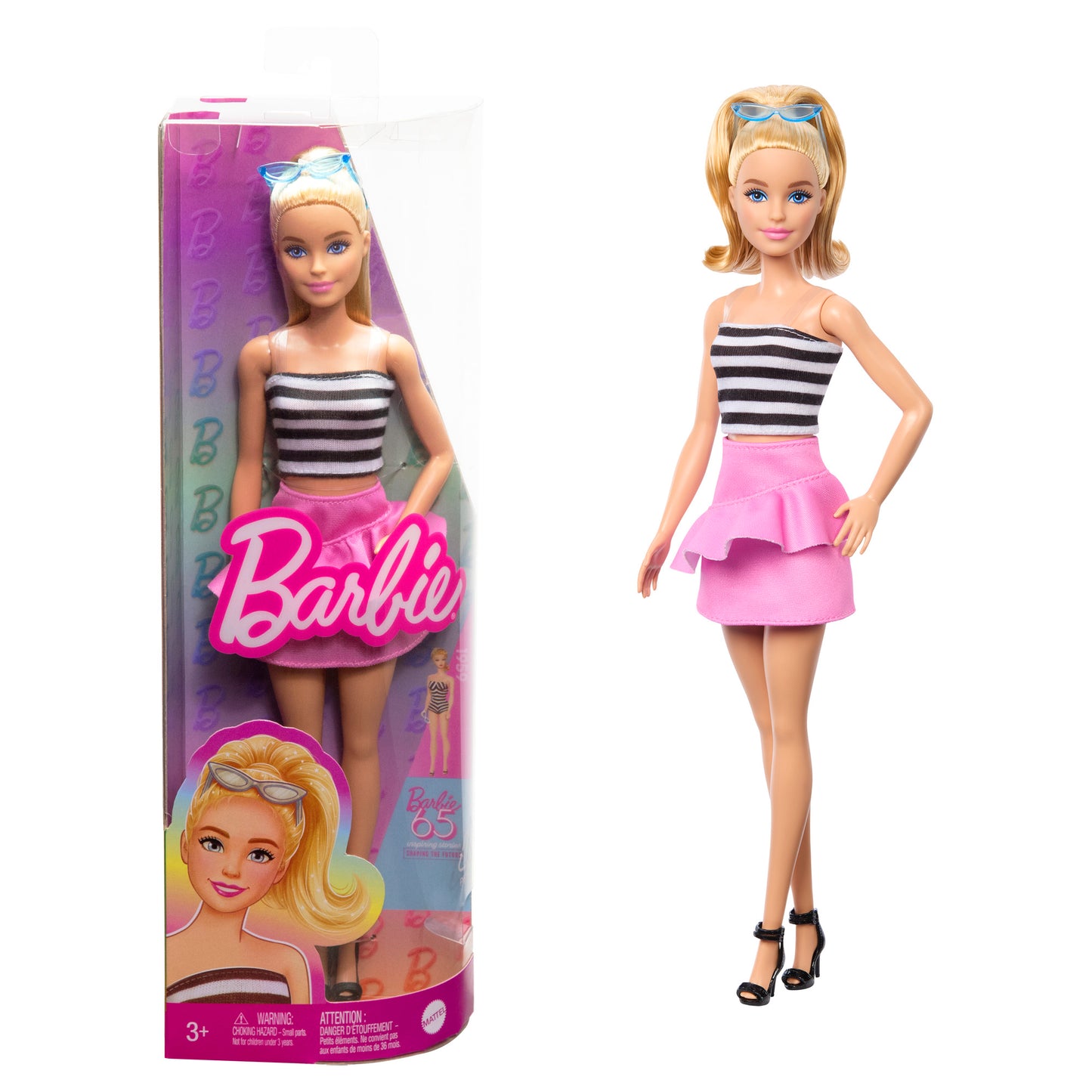 Barbie Fashionistas Doll #213, Blonde with Striped Top, Pink Skirt & Sunglasses