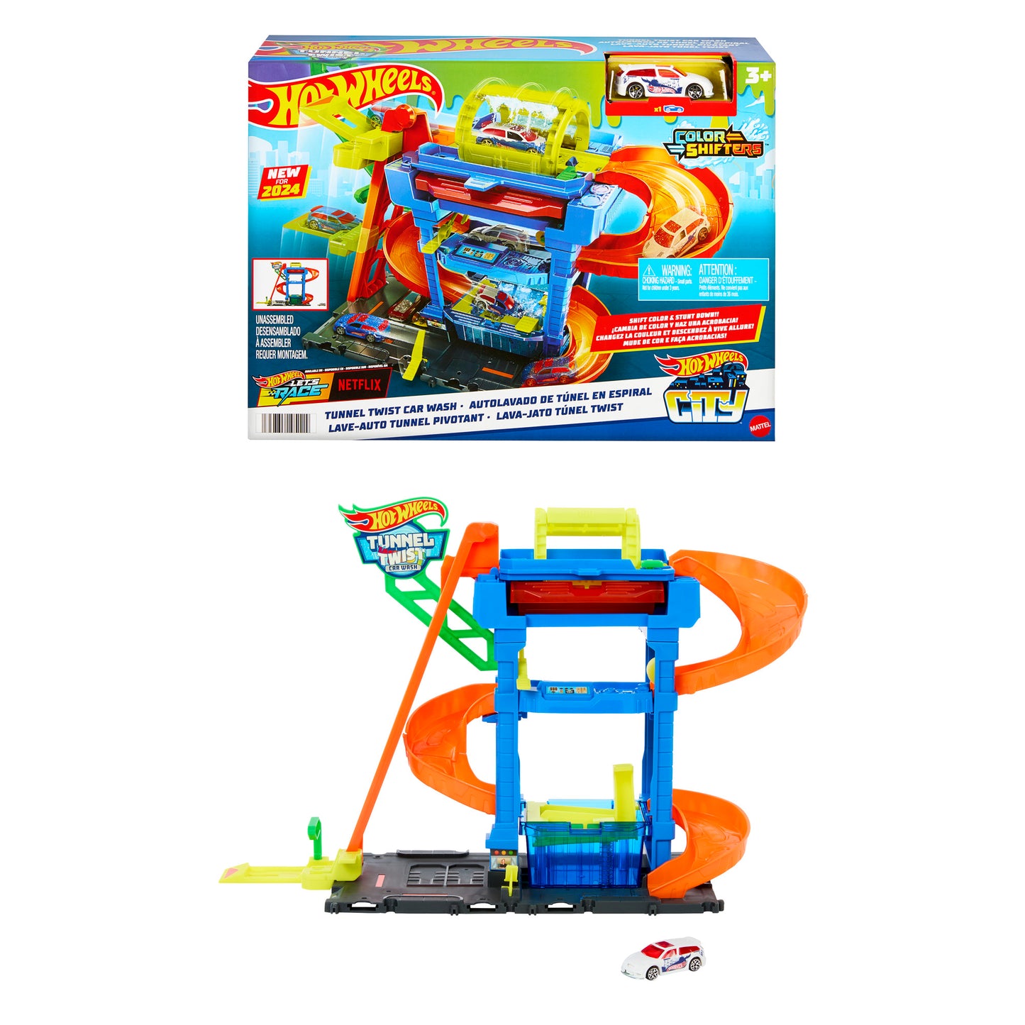 Bundle:  Hot Wheels Tunnel Twist Car Wash & 10 1:64 Scale Cars