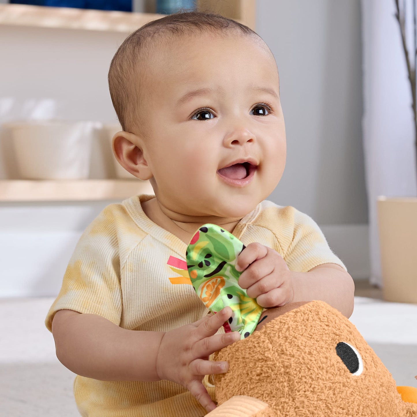 Fisher-Price Snuggly Snacky Capybara Plush Baby Sensory Toy with Teether & Rattle for Newborns