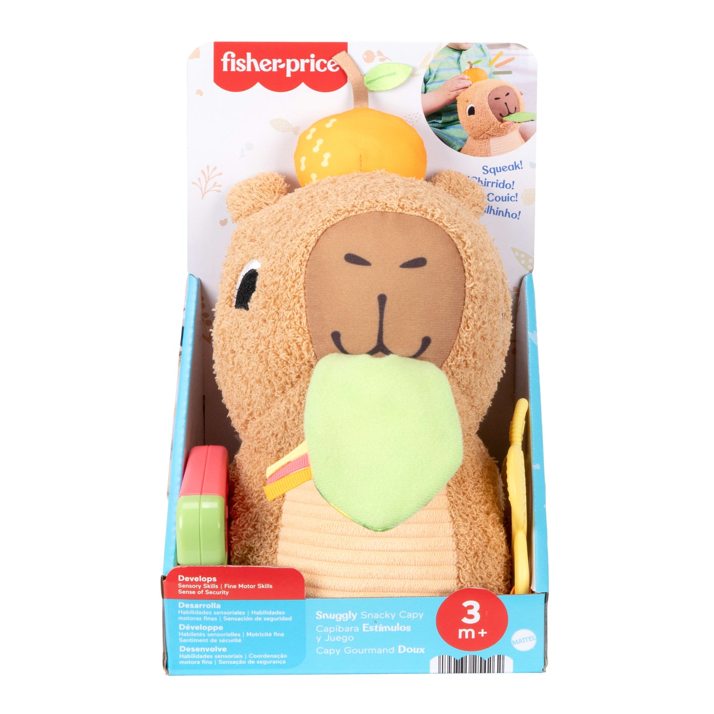 Fisher-Price Snuggly Snacky Capybara Plush Baby Sensory Toy with Teether & Rattle for Newborns