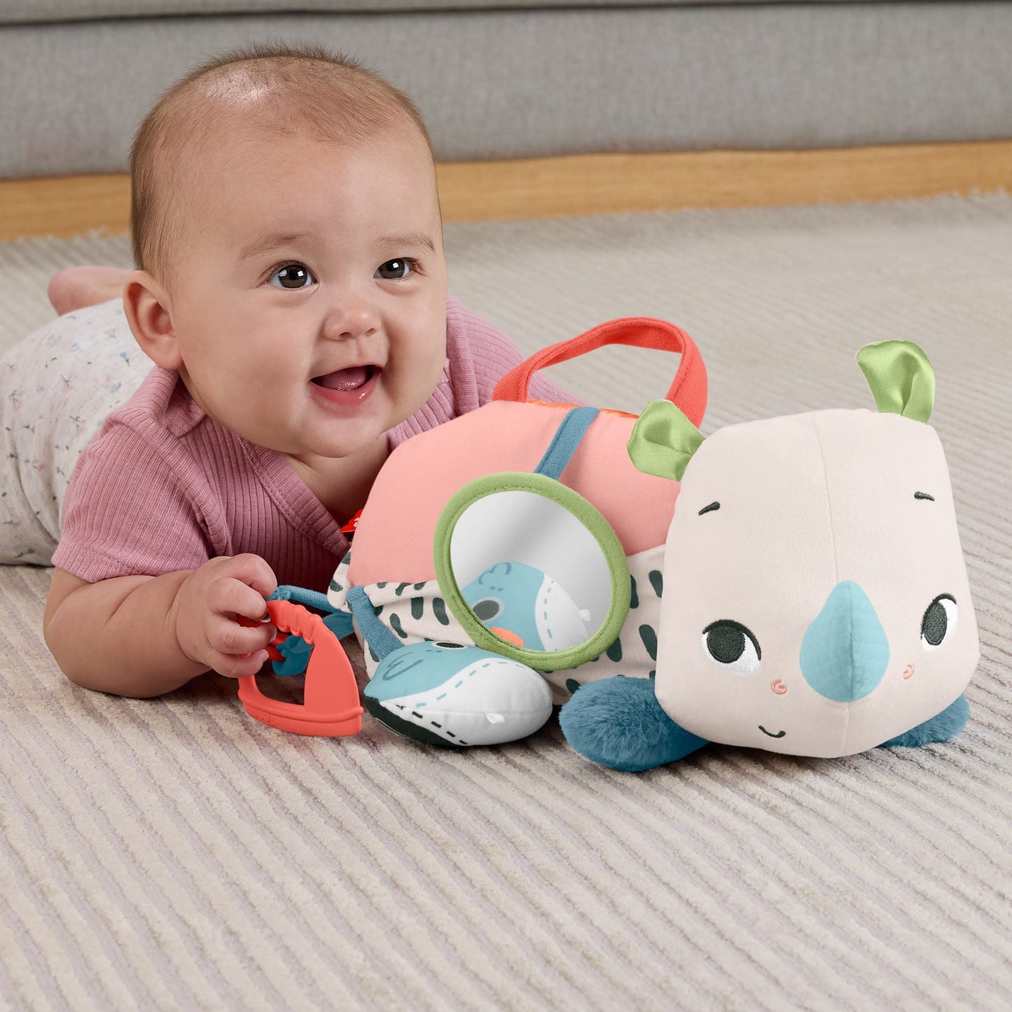 Fisher-Price Planet Friends Tummy Time Roaming Rhino Plush Sensory Toy for Newborn Babies