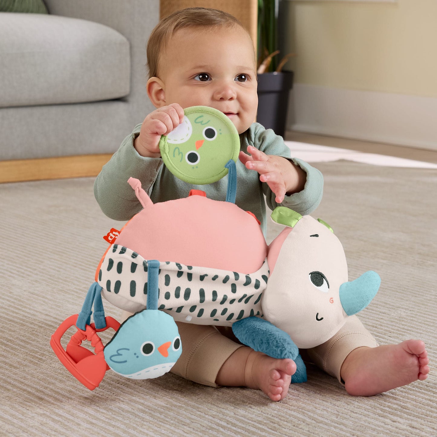 Fisher-Price Planet Friends Tummy Time Roaming Rhino Plush Sensory Toy for Newborn Babies