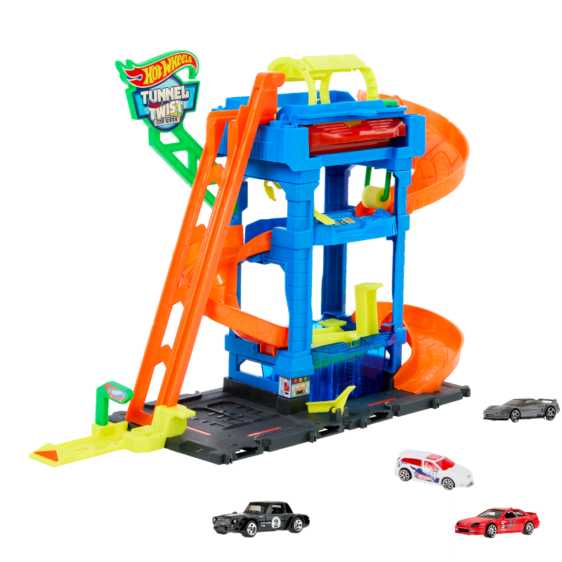 Bundle:  Hot Wheels Tunnel Twist Car Wash & 10 1:64 Scale Cars