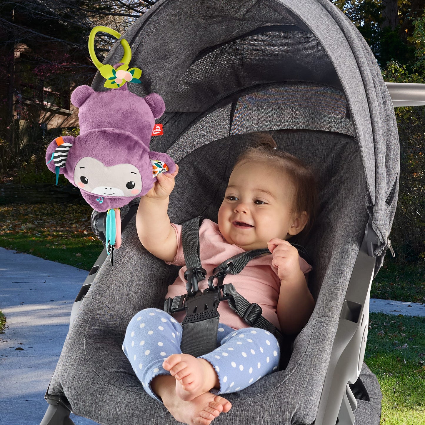 Fisher-Price Sing & Go Purple Monkey Plush Baby Stroller Sensory Toy for Newborns