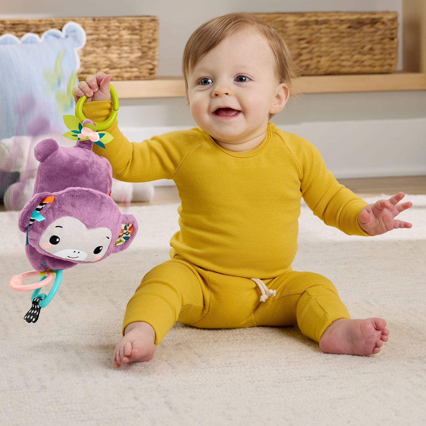 Fisher-Price Sing & Go Purple Monkey Plush Baby Stroller Sensory Toy for Newborns