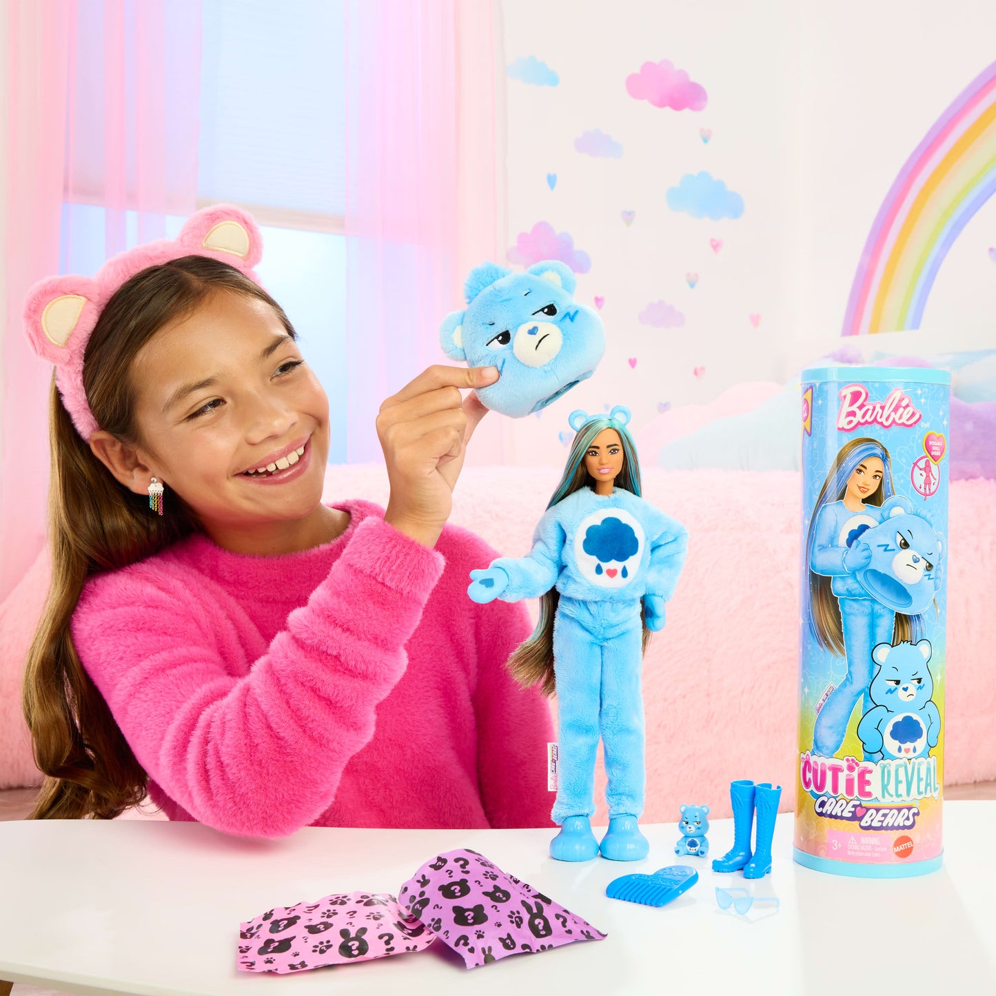 Barbie Cutie Reveal Care Bears Series Doll & Accessories in Grumpy Bear Plush Costume