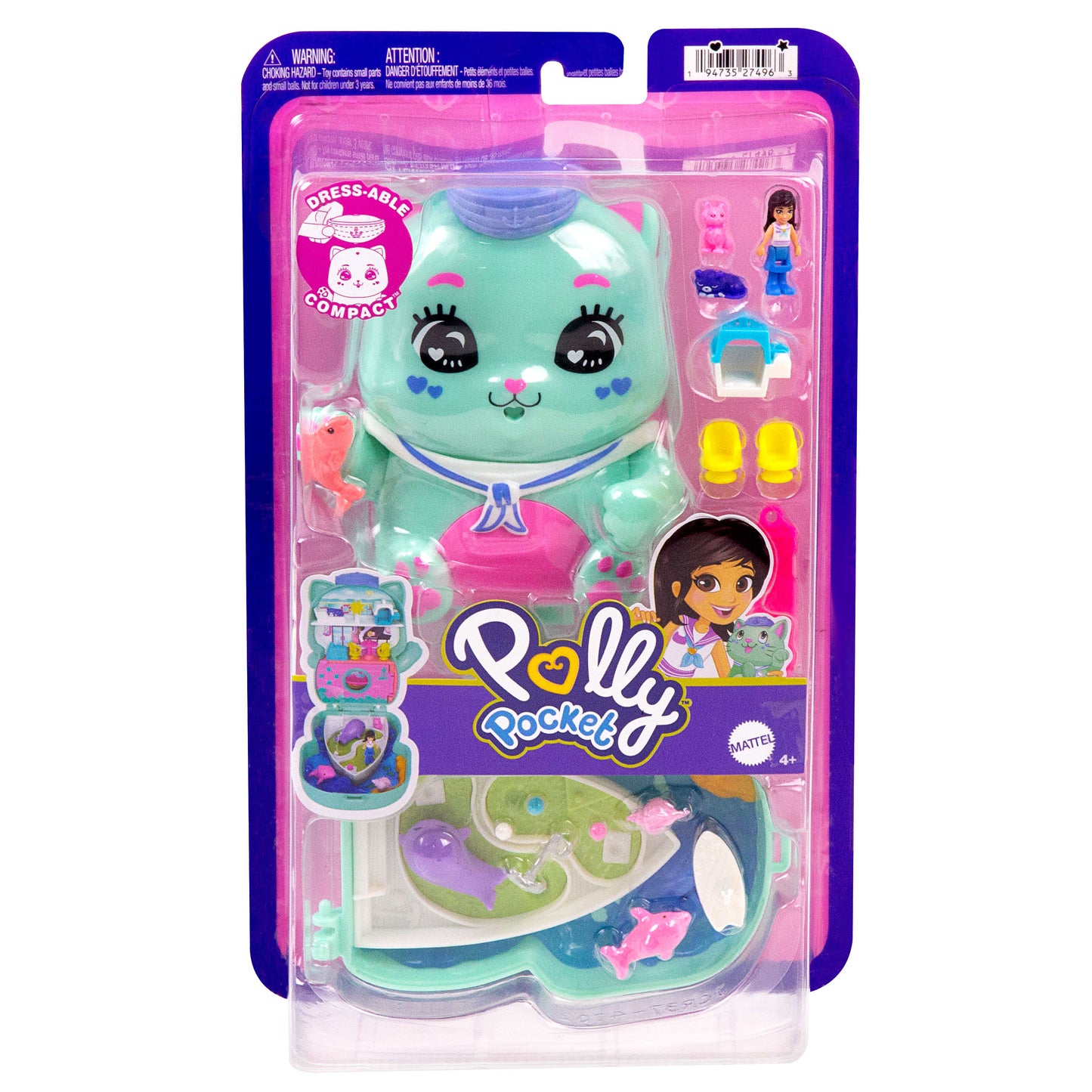 Polly Pocket Set Sail Kitty Compact Playset with 1 Micro Doll and Pet Cats, Travel Toy with Food & Styling Accessories