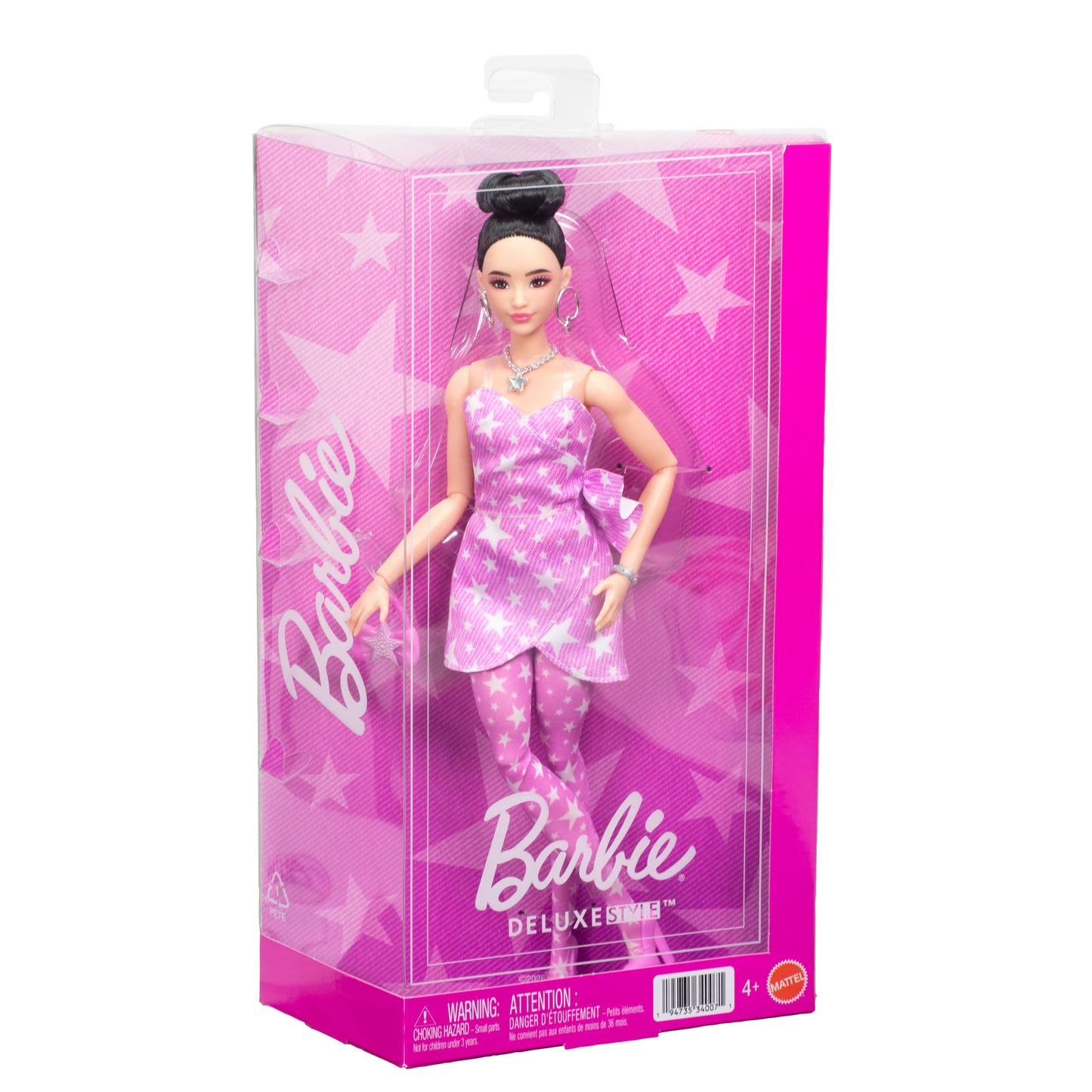 Barbie Deluxe Style Fashion Doll #11 in Pink Denim Star-Print Dress, Black Hair in Bun