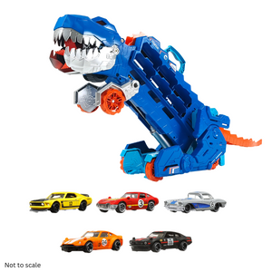 Hot Wheels Bundle: Ultimate T-Rex Transporter + 10 Die-Cast Vintage Racing Club Car, Assorted