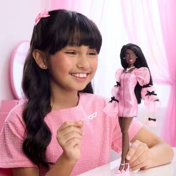 Barbie Deluxe Style Doll #14 in Metallic Pink Barbiecore Dress With Puffed Sleeves And Brown Hair