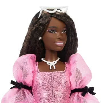 Barbie Deluxe Style Doll #14 in Metallic Pink Barbiecore Dress With Puffed Sleeves And Brown Hair